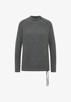 Maglione a coste grigio scuro con maniche lunghe, colletto alto, zip diagonale sulla spalla e coulisse regolabile all'orlo.