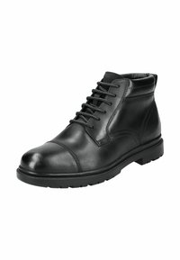 Botas de cuero negro hasta el tobillo, con punta redondeada, suela plana, parte delantera de cordones y detalles texturizados en los laterales y la parte trasera.