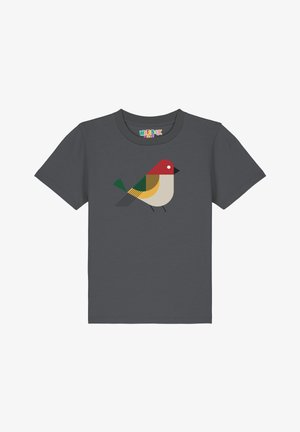 Grijs T-shirt met korte mouwen met een gestileerde vogelafbeelding in rood, geel, groen en zwart. Zacht materiaal, ronde hals.