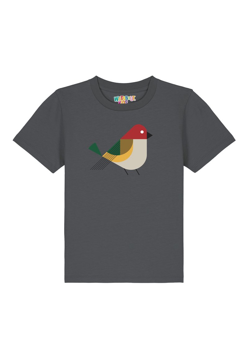 Grijs T-shirt met korte mouwen met een gestileerde vogelafbeelding in rood, geel, groen en zwart. Zacht materiaal, ronde hals.