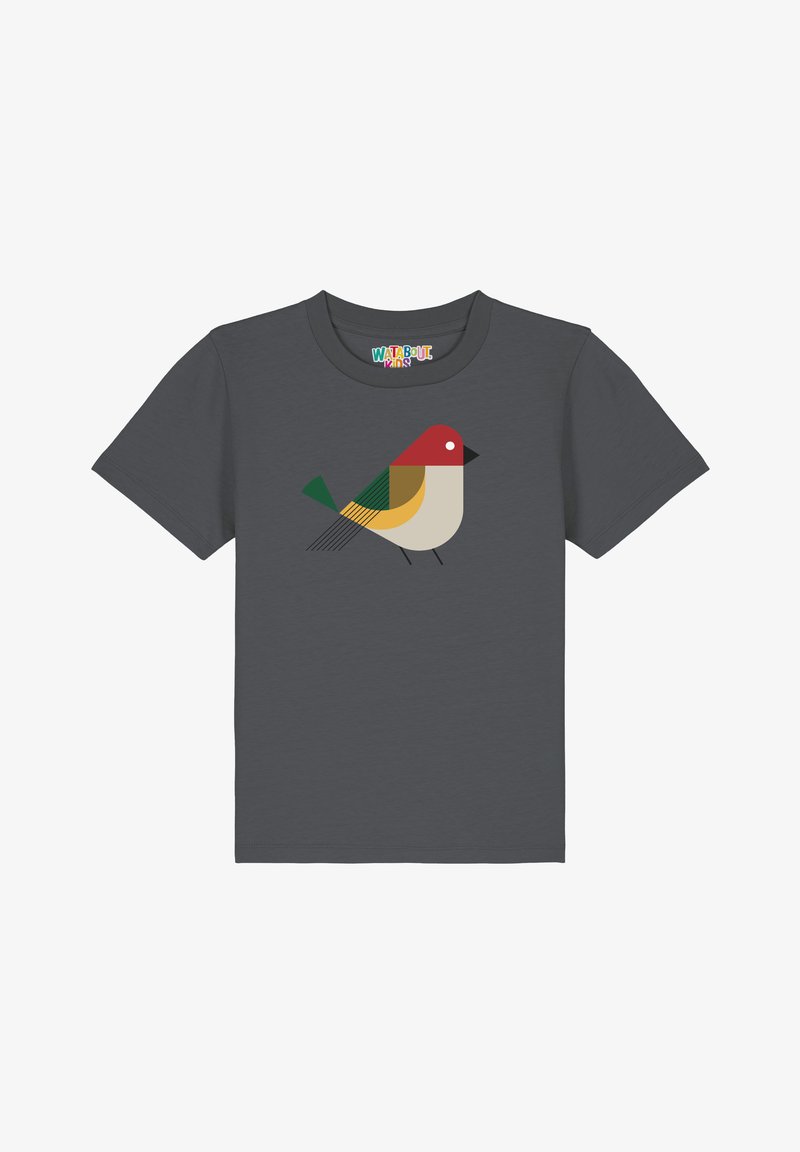 Grijs T-shirt met korte mouwen met een gestileerde vogelafbeelding in rood, geel, groen en zwart. Zacht materiaal, ronde hals.