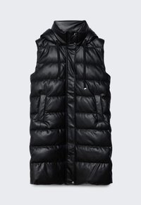 Schwarze Daunenweste mit hohem Kragen, Reißverschluss vorne und Kordelzug. Weicher, glänzender Stoff mit seitlichen Taschen und gestepptem Design.