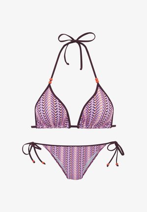 Triangle bikini in purple and pink with a zigzag pattern. Features thin brown straps and orange bead accents on the ties.