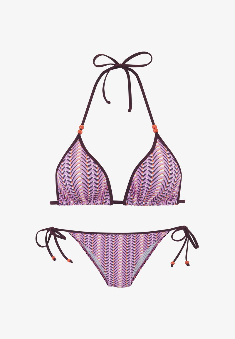 Dreiecksbikini in Lila und Pink mit Zickzack-Muster. Verfügt über dünne braune Träger und orangefarbene Perlenakzente an den Bändern.