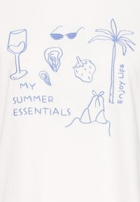Verre de vin, lunettes de soleil, huîtres, fraise, palmier, haut de bikini, texte « Mes essentiels d'été » et « Profitez de la vie » en art linéaire bleu sur fond blanc.