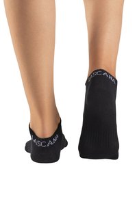 Schwarze Knöchelsocken aus weichem Material, mit einem niedrig geschnittenen Design und weißem "Lascana"-Branding am Bündchen. Glatte Textur und leicht.