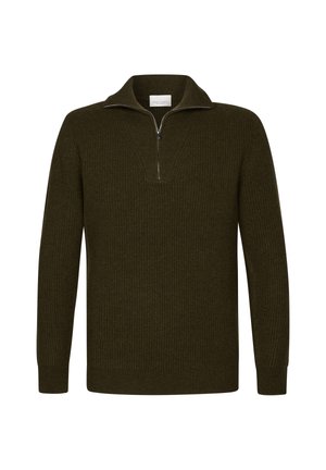 Olivgrüner Pullover aus geripptem Stoff, mit einem Halbreißverschluss-Kragen, langen Ärmeln und einer bequemen Passform.