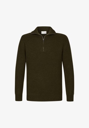 Olijfgroene pullovertrui van ribstof, met een half-rits kraag, lange mouwen en een comfortabele pasvorm.