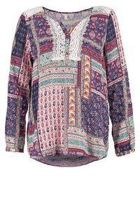 Camicia a maniche lunghe realizzata in tessuto con un design patchwork che presenta motivi floreali e geometrici nei colori blu navy, rosa e verde; bordo in pizzo sul collo.