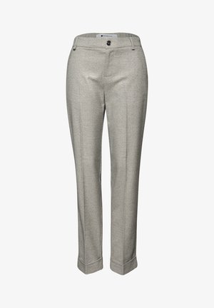 Szare spodnie w kratkę, z płaskim przodem, szlufkami na pasek, zapięciem na pojedynczy guzik i prostą nogawką. Wykonane z gładkiej, teksturowanej tkaniny.