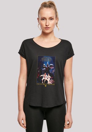 Black t-shirt with a rounded neckline and rolled short sleeves. Features a colorful "Star Wars Collector's Edition" graphic on the front.