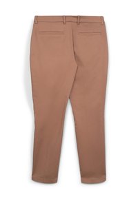 Beige Hosen mit geradem Schnitt, ausgestattet mit einer glatten Textur, zwei Gesäßtaschen und einem leeren Bund mit Gürtelschlaufen.