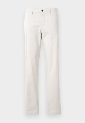 Light beige chinos made of cotton, featuring a straight-leg design, front pockets, and a single black button at the waist.