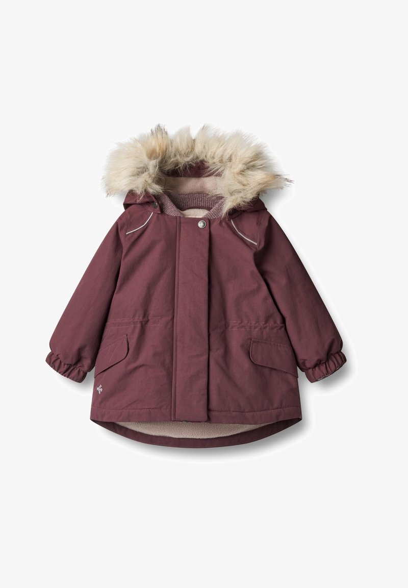 Burgunderfarbener Parkajacke mit einer Kapuze aus Kunstfell, elastischen Bündchen, zwei Vordertaschen und einem weichen Innenfutter. Mit Druckknopf- und Reißverschlussverschluss.