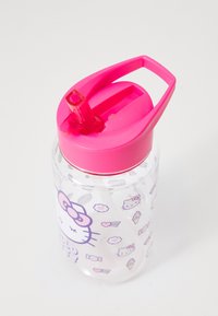 Prozirna plastična boca za vodu s ružičastim poklopcem, s ružičastim otvorom za ispijanje i Hello Kitty ilustracijama u ljubičastoj boji, uključujući sladoled i srca.