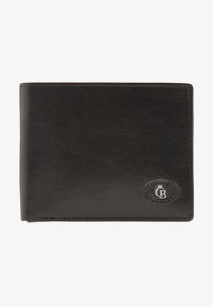 Schwarze Lederbrieftasche mit glatter Textur, gefaltetem Design und einem runden silbernen Logo-Akzent. Verfügt über saubere Nähte entlang der Kanten.