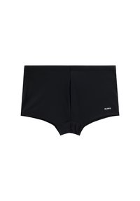Czarne szorty kąpielowe wykonane z gładkiego, elastycznego materiału. Posiadają prosty fason z metką logo po boku i bez widocznych zapięć czy wzorów.