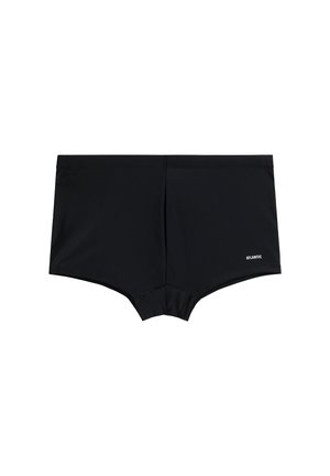 Czarne szorty kąpielowe wykonane z gładkiego, elastycznego materiału. Posiadają prosty fason z metką logo po boku i bez widocznych zapięć czy wzorów.