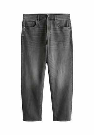 Mørkegrå denimjeans med knaplukning foran, lynlås, bæltestropper og fem-lomme-design, vist fladt mod en hvid baggrund.