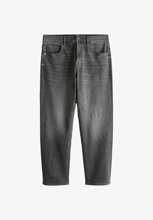 Mørkegrå denimjeans med knaplukning foran, lynlås, bæltestropper og fem-lomme-design, vist fladt mod en hvid baggrund.