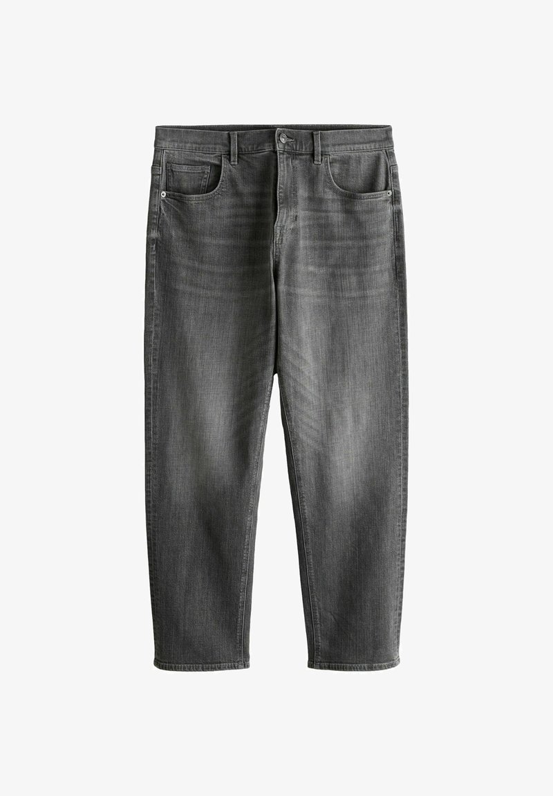 Donkere grijze spijkerbroek van denim met een knoop aan de voorkant, rits, lussen voor een riem en een ontwerp met vijf zakken, plat gelegd tegen een witte achtergrond.