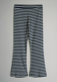 Leggings a righe navy e bianche con fondo svasato, realizzati in tessuto a costine. Il design presenta righe orizzontali e una vita elasticizzata.