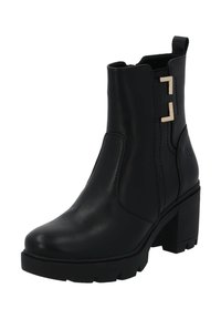 Stivale alla caviglia in pelle nera con tacco chunky, zip laterale e accessori in metallo dorato. Suola testurizzata per una migliore aderenza.