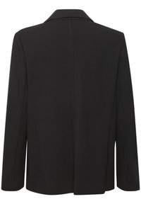 Zwarte blazer met een gelapte kraag, lange mouwen en een getailleerde pasvorm. Glad stof met een nette achterzijde en geen zichtbare hardware.