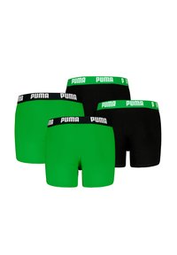 Puma Boxershorts-Set: zwei grüne und zwei schwarze Paare. Mit einem breiten elastischen Bund und dem weißen "PUMA"-Logo. Aus weichem, dehnbarem Material.
