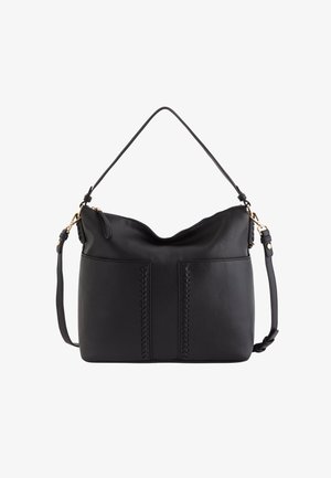 Sac en cuir noir à bandoulière, présentant un design décontracté, des accents tressés à l'avant et une bandoulière détachable avec des détails en métal doré.