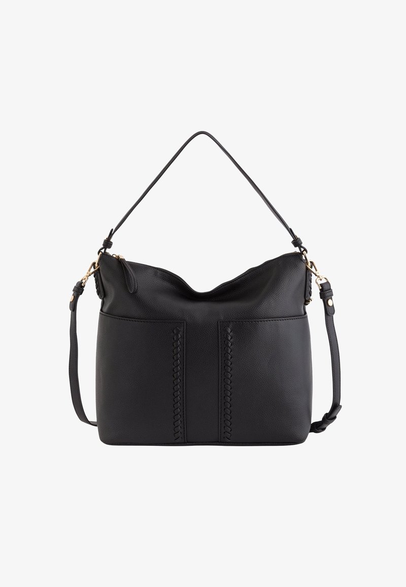 Sac en cuir noir à bandoulière, présentant un design décontracté, des accents tressés à l'avant et une bandoulière détachable avec des détails en métal doré.