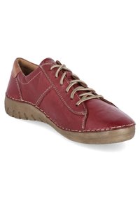 Red leather sneaker with beige laces, textured surface, and stitched detailing. Rounded toe and light beige rubber sole.