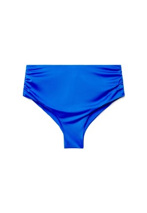 Jasnoniebieskie figi bikini z wysokim stanem, marszczonymi bokami, gładkim materiałem i umiarkowanym wycięciem przy otworach na nogi.