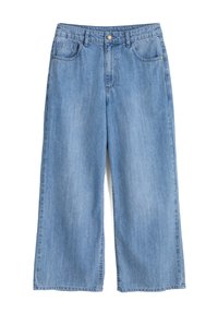 Light blue, wide-leg jeans made of denim. Features a button closure, belt loops, and four pockets. Soft texture with a slightly faded finish.