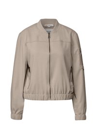 Beige bomberjack gemaakt van soepel materiaal, met een ritssluiting aan de voorkant, zijzakken, elastische manchetten en een licht gathered zoom.