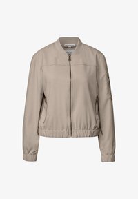 Beige bomber jacket made of smooth fabric, featuring a front zipper, side pockets, elastic cuffs, and a slightly gathered hem.