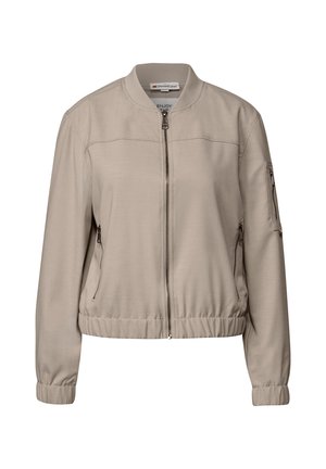 Veste bomber beige en tissu lisse, avec une fermeture éclair frontale, des poches latérales, des poignets élastiques et un ourlet légèrement froncé.
