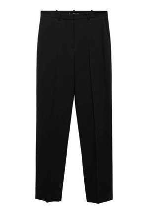 Pantaloni tailored neri con design a gamba dritta, caratterizzati da pince frontali, una texture liscia e una vita standard con passanti per cintura.