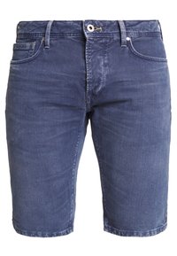 Džínové šortky v tmavě modré barvě, s klasickým střihem, pěti kapsami a kovovým zapínáním. Měkká textura s jemnými detaily zesvětlení.