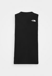 Svart ärmlös T-shirt i bomull, med rund halsringning och en liten vit logotyp på vänster bröst. Slät textur, avslappnad design.