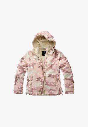 Różowo-beżowa kurtka w wzór moro z miękką, jasnokolorową, polarową podszewką, regulowanym kapturem oraz zamkiem i kieszeniami z przodu.