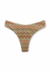 Braga tanga de tiro bajo con patrón de zigzag multicolor en tonos naranja, verde y marrón sobre fondo blanco.