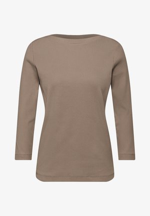 Langärmeliges, geripptes Oberteil in Taupe-Farbe. Verfügt über einen Rundhalsausschnitt und einen geraden Saum. Weiche Textur, geeignet zum Schichten oder für den Freizeitlook.