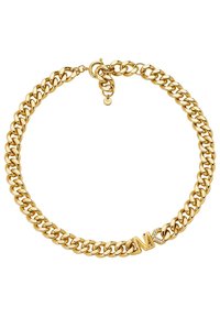 Collana in oro con maglie spesse, dotata di chiusura a gancio e un sottile accento "MK" impreziosito da piccole pietre.