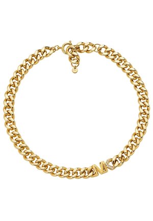 Zlatý náhrdelník s hrubými článkami, so zapínaním a diskrétnym akcentom „MK“ osadeným drobnými kamienkami.