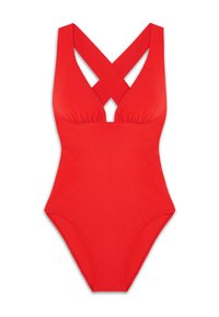 Maillot de bain une pièce rouge avec des bretelles croisées et une découpe en trou de serrure. Tissu doux, design ajusté et texture lisse. Pas de motifs ni d'accents.