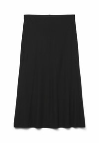 Črna A-linijska krila iz gladkega, lahkotnega materiala. Ima srednje visok pas in tekočo silhueto brez vzorcev ali okraskov.