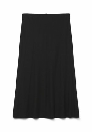 Fekete A-vonalú szoknya sima, könnyű anyagból készült. Közepes derékvonallal és minták, illetve díszítések nélküli folyékony sziluettel rendelkezik.