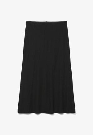 Fekete A-vonalú szoknya sima, könnyű anyagból készült. Közepes derékvonallal és minták, illetve díszítések nélküli folyékony sziluettel rendelkezik.