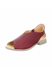 Open-toe shoe made of burgundy leather, featuring a flat sole, cutout design, and beige inner lining. Back is open with a low heel.